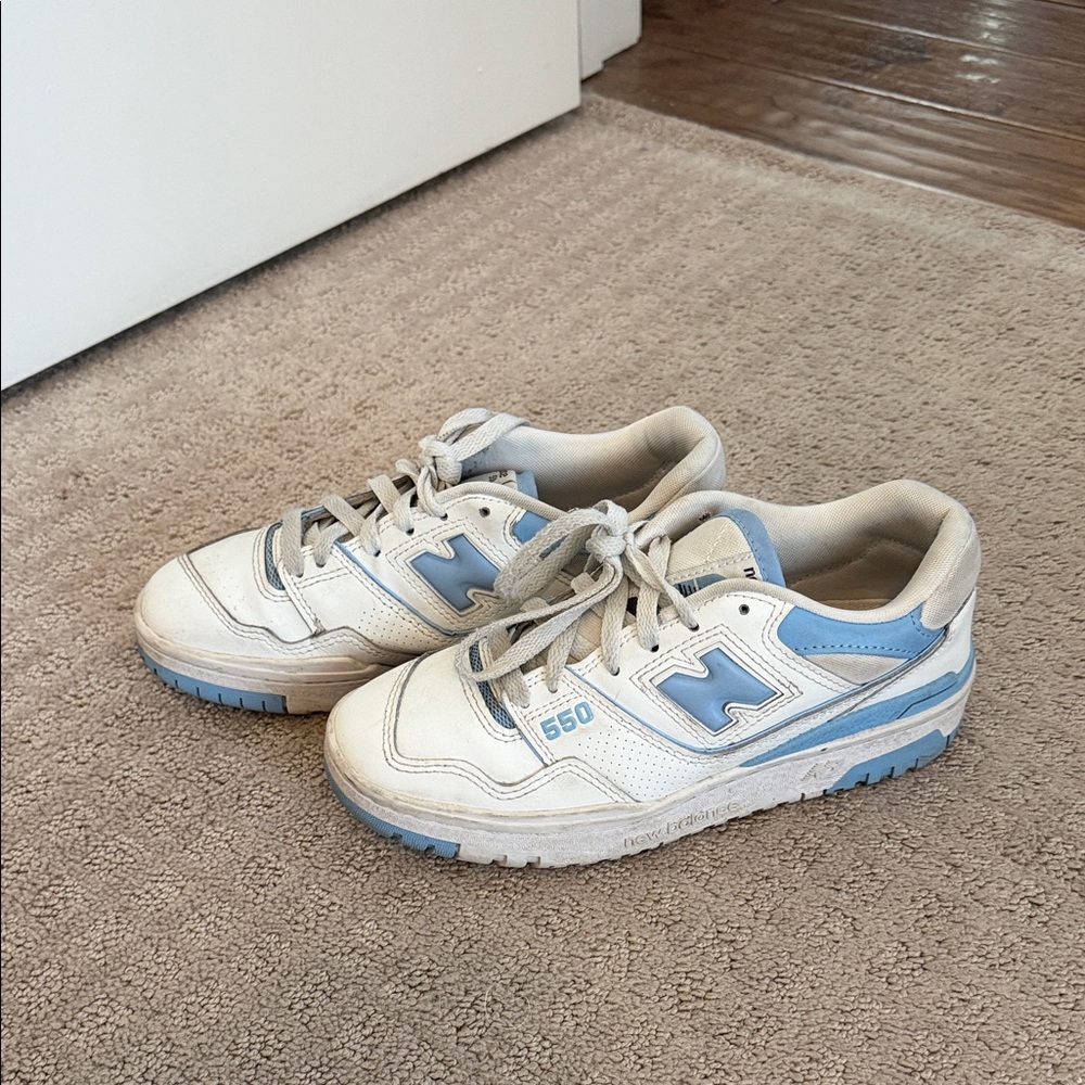 Nike White and Sky Blue 550 Sneakers